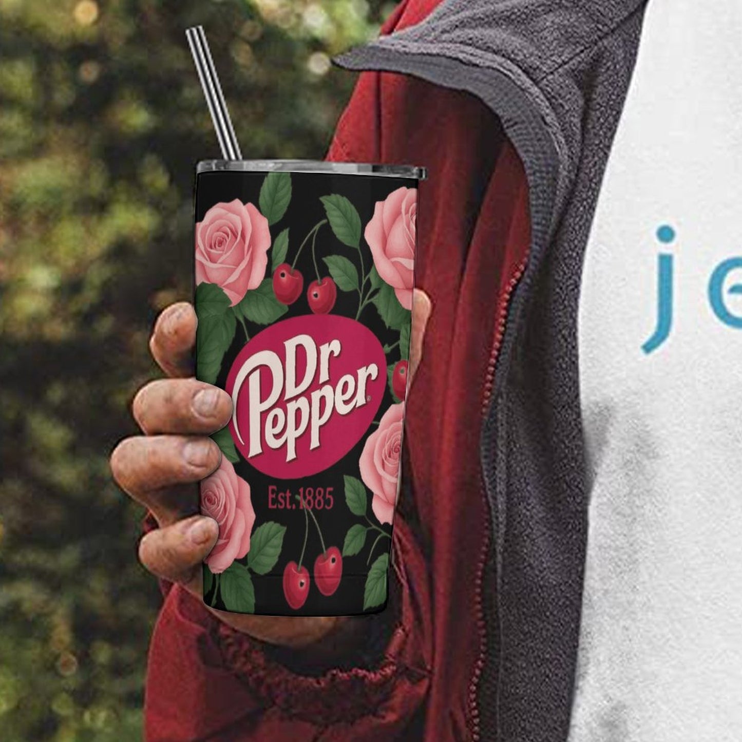 Dr. Pepper Black & Pink Floral Tumbler with Straw | Vintage Cherry Rose Insulated Travel Cup | 20oz Stainless Steel Tumbler