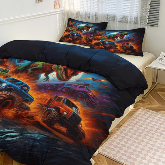 Jurassic Dinosaur Kids Bedding Set – 3-Piece Twin Size 86"x70" | Hot Wheels Truck Chase Design | Double-Sided Print | Boys Room Decor