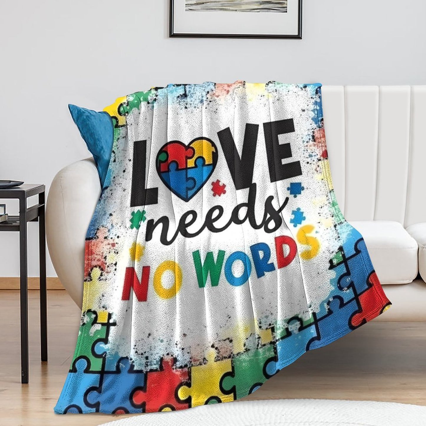 Autism Awareness Love Needs No Words Flannel Blanket – 280GSM Ultra Soft Throw | Puzzle Piece Design | Cozy Gift for Autism Support | 50"x60"