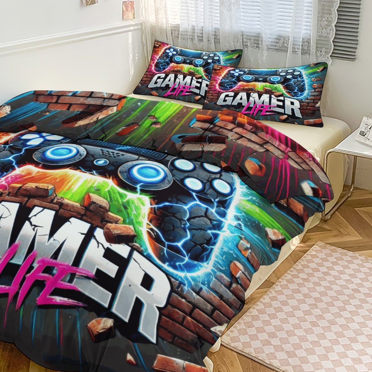 Boys Gamer Life 3-Piece Bedding Set – Dual-Sided Printing – 86"x70" Comforter with Pillowcases – Video Game Bedroom Decor