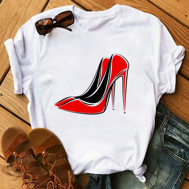 Women's High Heels Pattern Cute Loose Top T-shirt