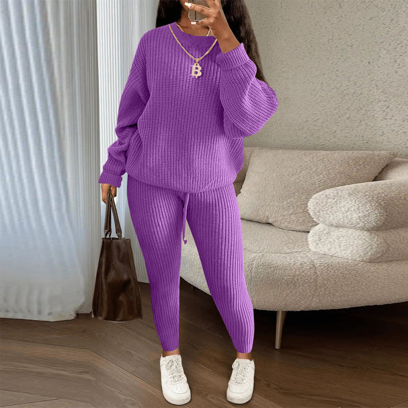 Winter Ribbed Knit Sweater and Pants Set | Women’s Loose Pullover Top & Drawstring Trouser Lounge Set