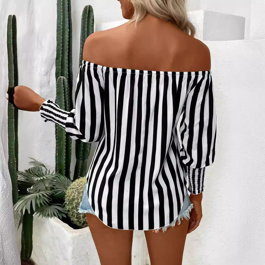 Chic Black and White Lantern Sleeve Blouse – Women’s Shoulder-Baring Elegant Statement Top