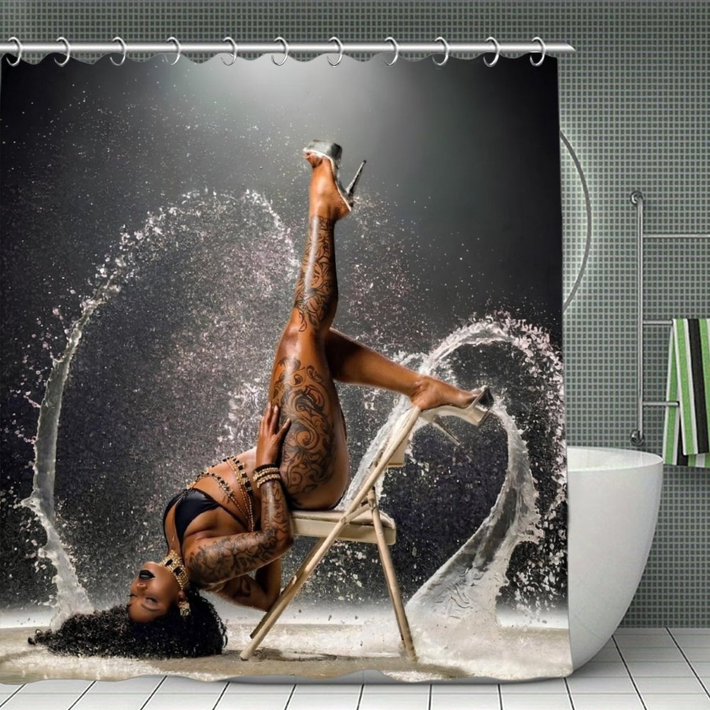Luxury Black & Gold Tattoo Goddess Shower Curtain Set | Glam Bathroom Decor | Waterproof Modern Bathroom Curtain | Bold Sexy Spa Aesthetic