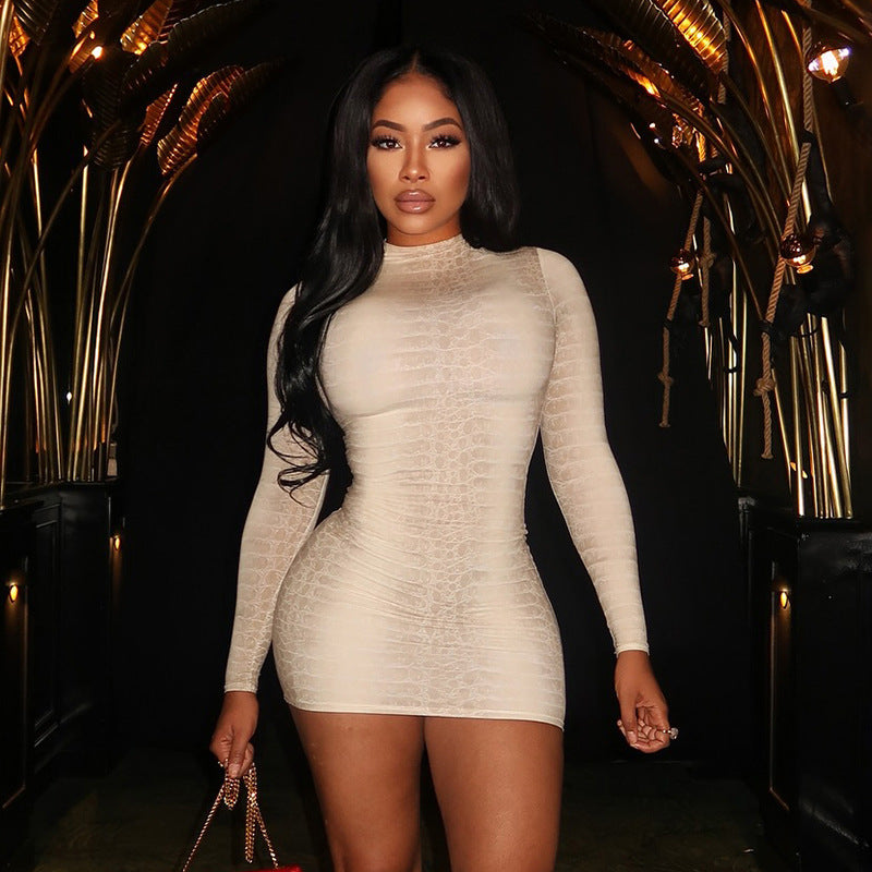 Sexy Long Sleeve Snakeskin Print Bodycon Mini Dress – Figure-Hugging Sheath Dress for Night Out, Clubwear, Party Outfit for Women