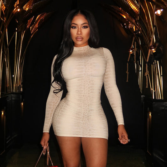 Sexy Long Sleeve Snakeskin Print Bodycon Mini Dress – Figure-Hugging Sheath Dress for Night Out, Clubwear, Party Outfit for Women