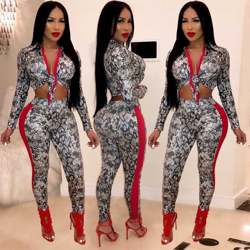 Women’s Two-Piece Snakeskin Print Set | Sexy Digital Print Crop Top & High Waist Pants Outfit | Trendy Streetwear Matching Set