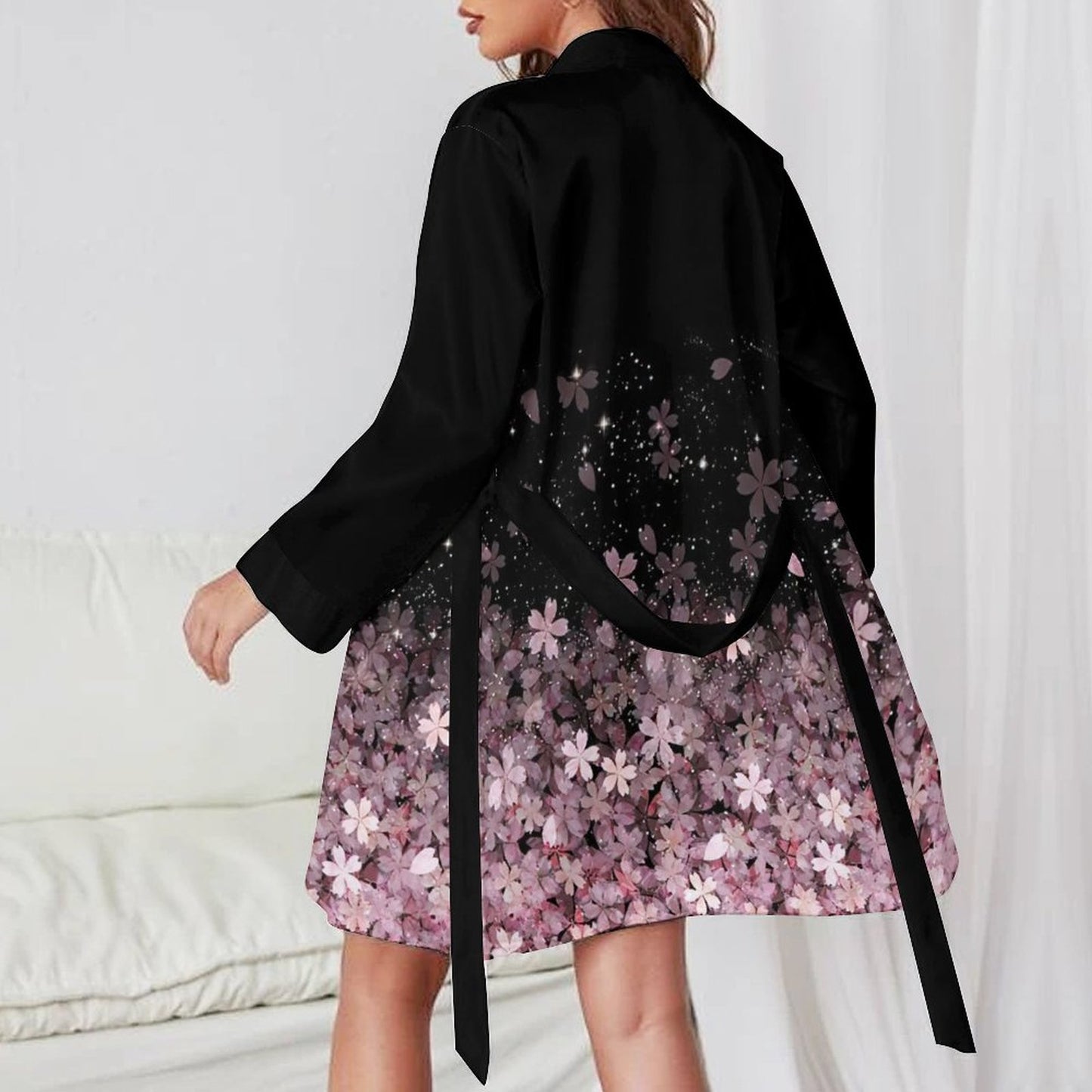 Elegant Long Sleeve Black Nightdress with Purple Floral Design - Soft and Stylish Sleepwear