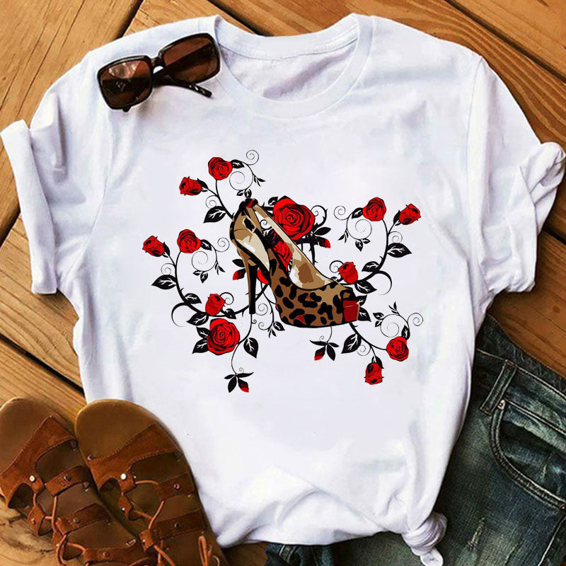 Women's High Heels Pattern Cute Loose Top T-shirt