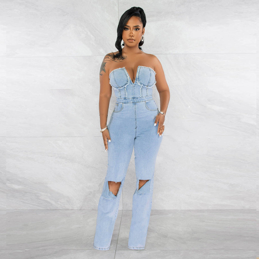 Women’s V-Neck Denim Jumpsuit with Distressed Holes & Zip Pockets | Sexy Streetwear One-Piece Outfit | Casual Chic Denim Romper for Women