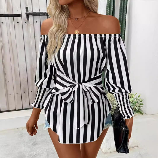 Chic Black and White Lantern Sleeve Blouse – Women’s Shoulder-Baring Elegant Statement Top