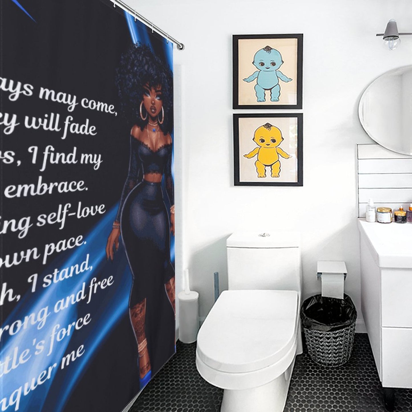 Melanin Doll House Affirmation Shower Curtain/ Master Bathroom/ Black and Blue Guest Bathroom