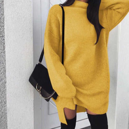 Casual Loose Knit High Neck Split Women Sweater Dress