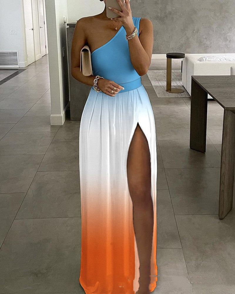 Women's Printed One-shoulder Slit Dress