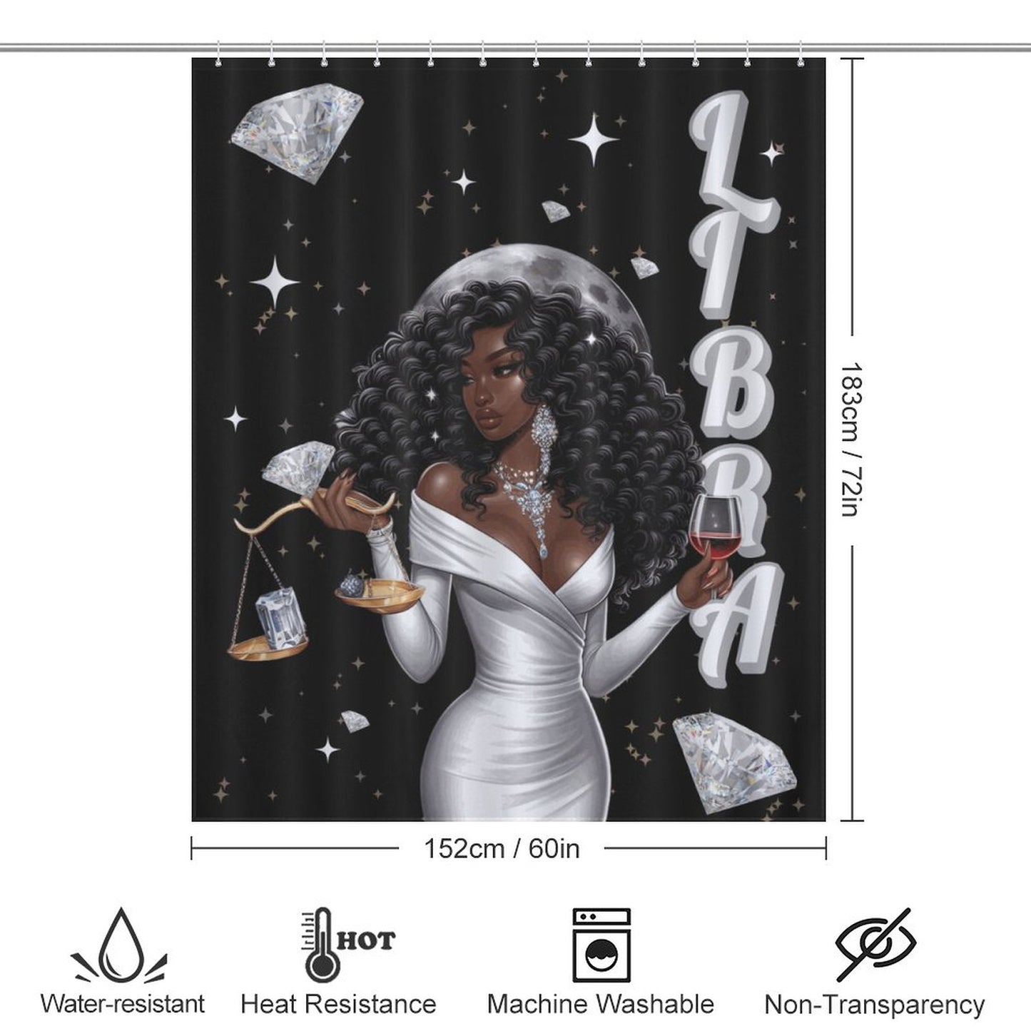 Melanin Libra Women with Diamonds Shower Curtain – Zodiac-Inspired Luxury Bathroom Decor