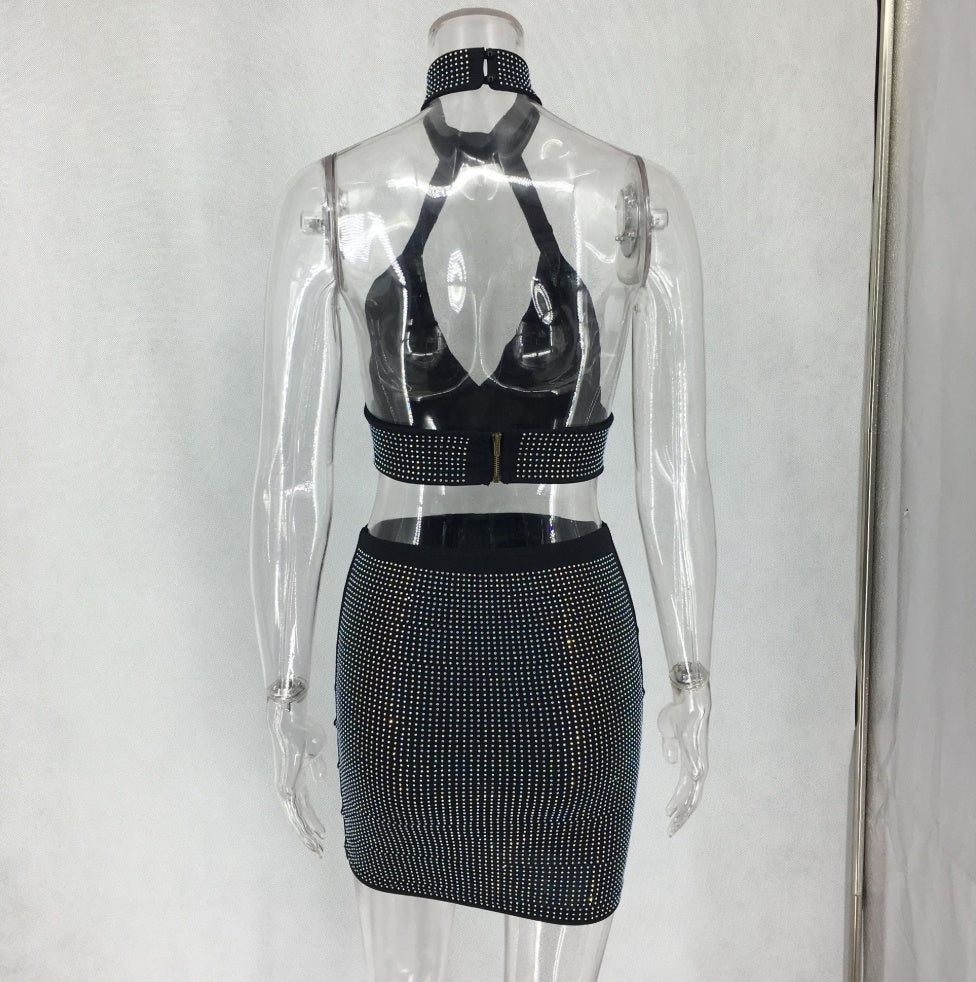 Women’s Diamond Two-Piece Set Dress | Luxury Sparkle Matching Outfit | Glam Evening & Party Wear