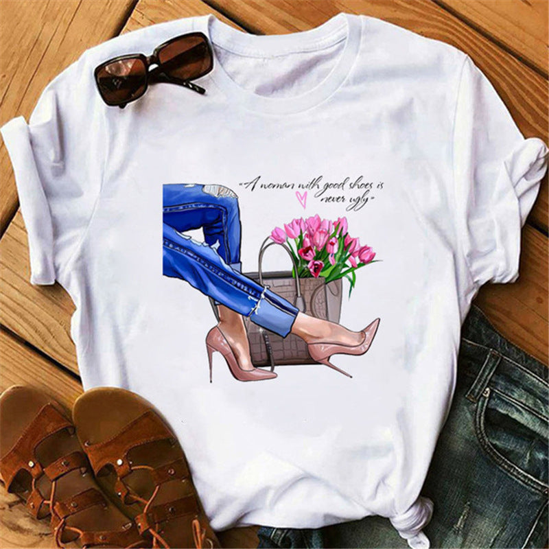 Women's High Heels Pattern Cute Loose Top T-shirt