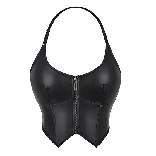 Leather Halter Zipper Tube Top for Women – Sexy Body Shaping Corset Top, Faux Leather Clubwear Crop Top, Chest Support Streetwear Fashion