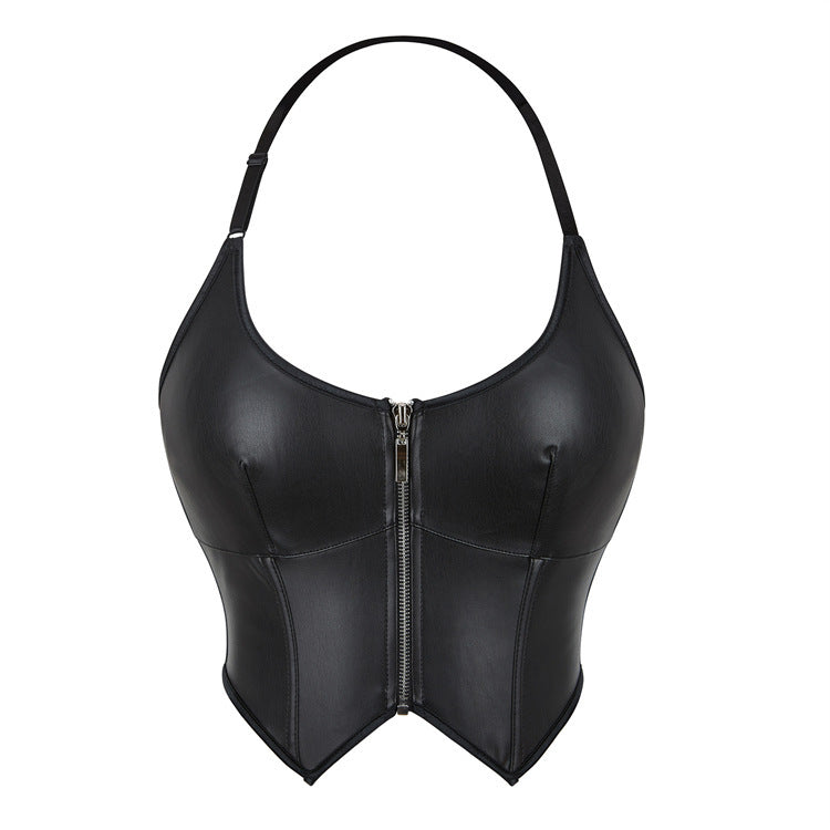 Leather Halter Zipper Tube Top for Women – Sexy Body Shaping Corset Top, Faux Leather Clubwear Crop Top, Chest Support Streetwear Fashion