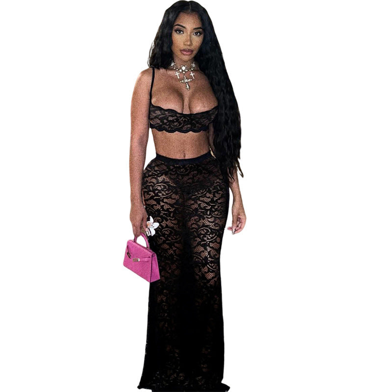 Women’s Cutout Sling Top & High Waist Lace Skirt Set | Sexy Two Piece Outfit | Elegant Summer Clubwear | Date Night Lace Suit | Trendy Matching Set