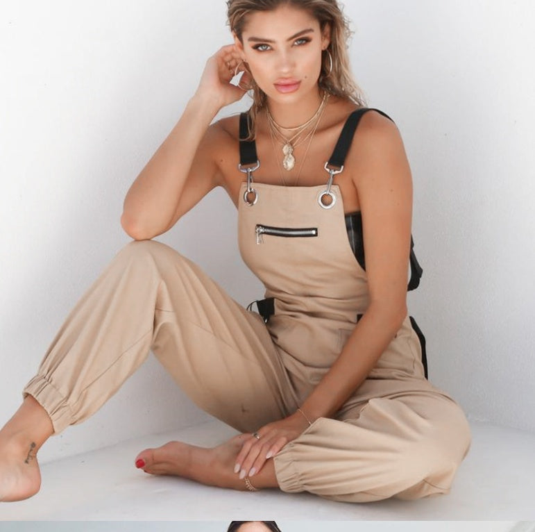 Women's Camel Overall Jogger – Chic Streetwear Jumpsuit with Pockets | Casual One-Piece Outfit for All Seasons