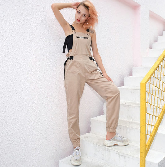 Women's Camel Overall Jogger – Chic Streetwear Jumpsuit with Pockets | Casual One-Piece Outfit for All Seasons
