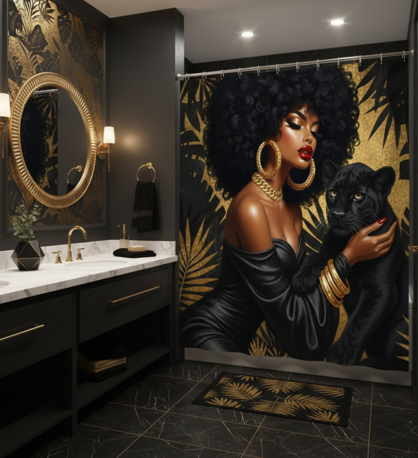 Black Panther Queen Shower Curtain | Black & Gold Afro Art | Melanin Magic Luxury Bathroom Decor | Glamorous Jungle Print | Red Lips & Gold Jewelry