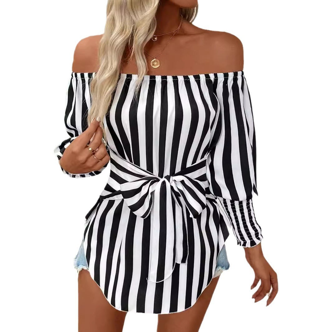 Chic Black and White Lantern Sleeve Blouse – Women’s Shoulder-Baring Elegant Statement Top