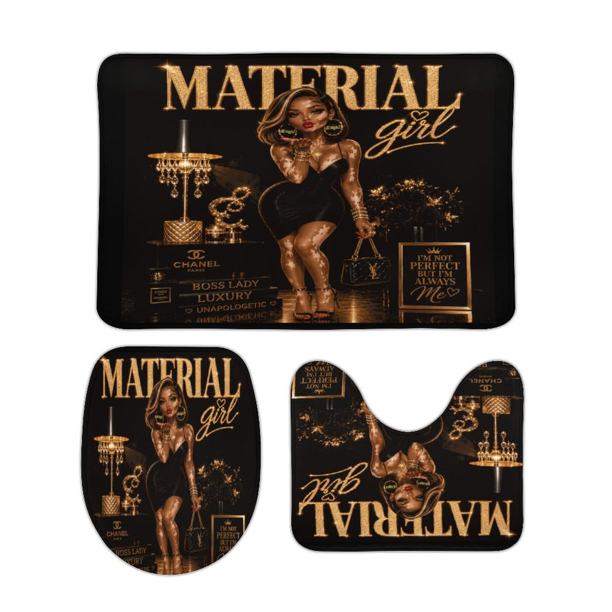 Material Girl Bathroom Mat Set, Black Gold Glam Bath Rugs, 3 Piece Toilet Mat Set, Luxury Bathroom Decor, Boss Lady Bath Set