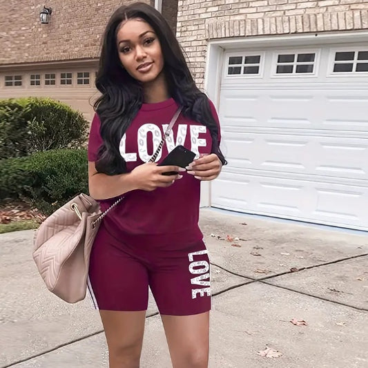 Women's Casual Love Print Two-Piece Set – Comfy Matching Lounge Set for Everyday Style