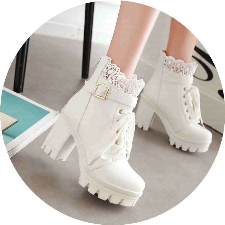 Women, Lace-up Martens Boots With High Heels And Thick Heels