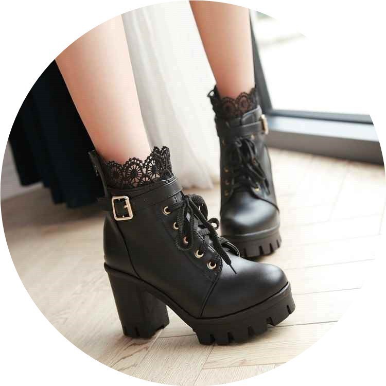 Women, Lace-up Martens Boots With High Heels And Thick Heels