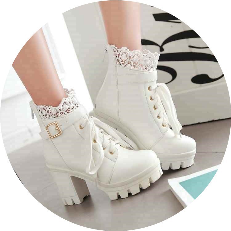 Women, Lace-up Martens Boots With High Heels And Thick Heels