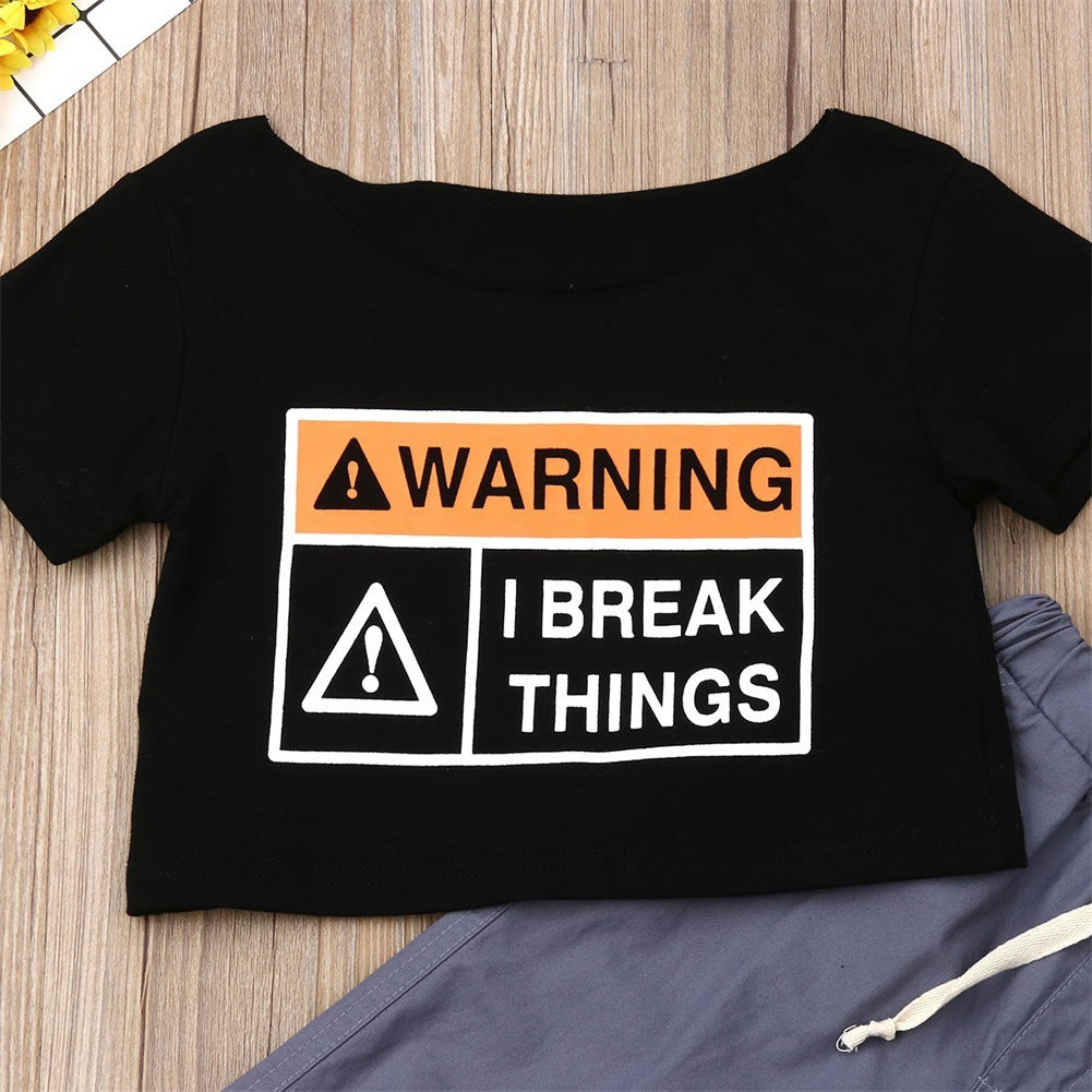 Warning I Break Things Kids Outfit Set – Short Sleeve Top with Tethered Pants & Matching Skirt | Trendy Toddler Girl Clothing Set