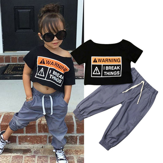 Warning I Break Things Kids Outfit Set – Short Sleeve Top with Tethered Pants & Matching Skirt | Trendy Toddler Girl Clothing Set