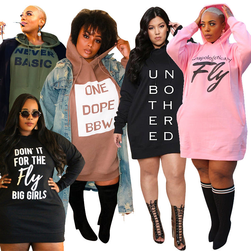 Plus Size Letter Print Hoodie Mini Dress for Women | Casual Loose Sweatshirt Dress | Spring Streetwear Lounge Outfit | Trendy Plus Size Sweat Suit