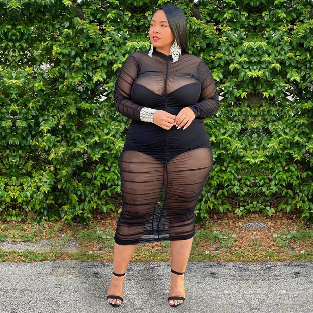 Plus Size Long Sleeve Mesh Bodycon Dress for Women – Sexy Bodysuit Lined Curve-Hugging Evening Dress