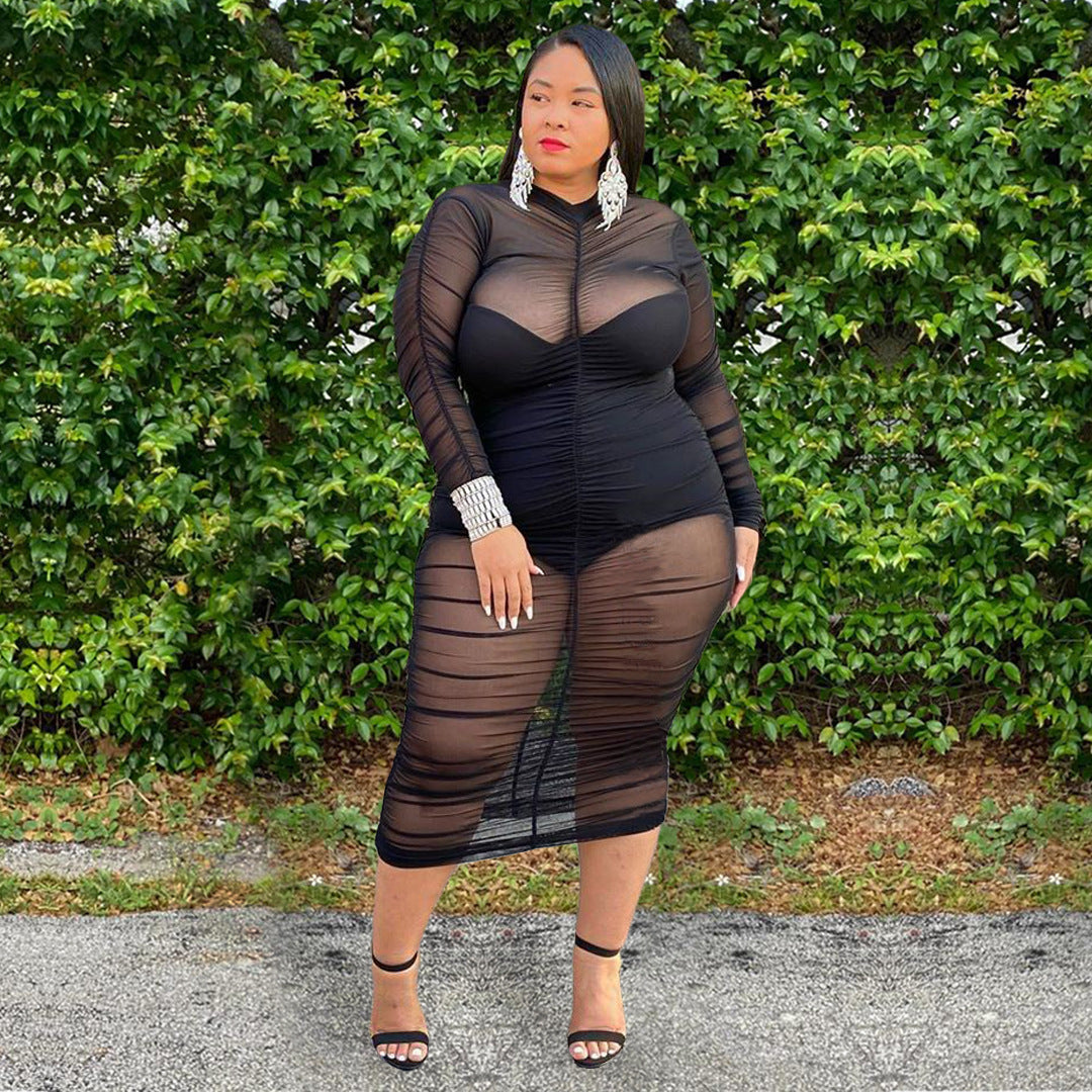 Plus Size Long Sleeve Mesh Bodycon Dress for Women – Sexy Bodysuit Lined Curve-Hugging Evening Dress