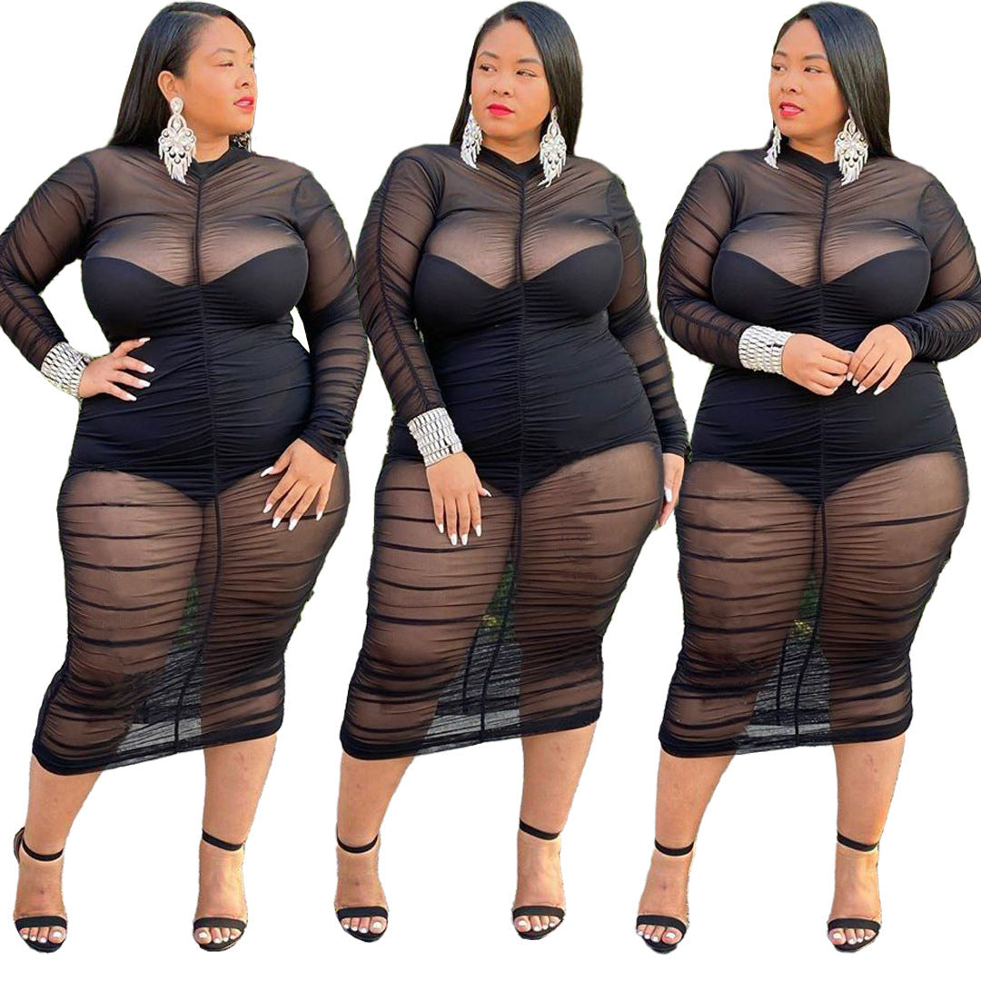Plus Size Long Sleeve Mesh Bodycon Dress for Women – Sexy Bodysuit Lined Curve-Hugging Evening Dress