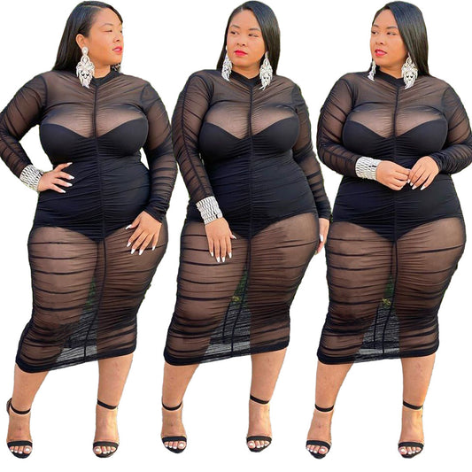 Plus Size Long Sleeve Mesh Bodycon Dress for Women – Sexy Bodysuit Lined Curve-Hugging Evening Dress