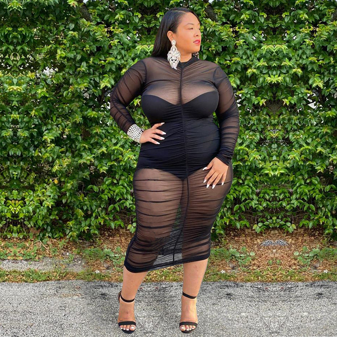 Plus Size Long Sleeve Mesh Bodycon Dress for Women – Sexy Bodysuit Lined Curve-Hugging Evening Dress