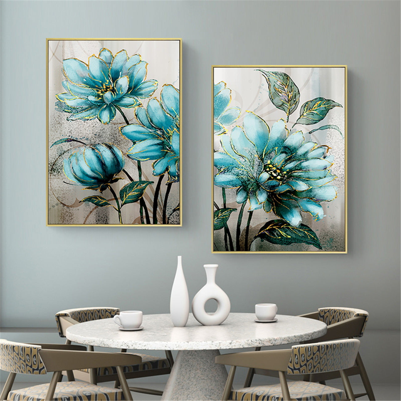 Blue Flowers Golden Lace Canvas Wall Art – Modern Nordic Decorative Poster, Elegant Golden Lace Print for Living Room Home Decor