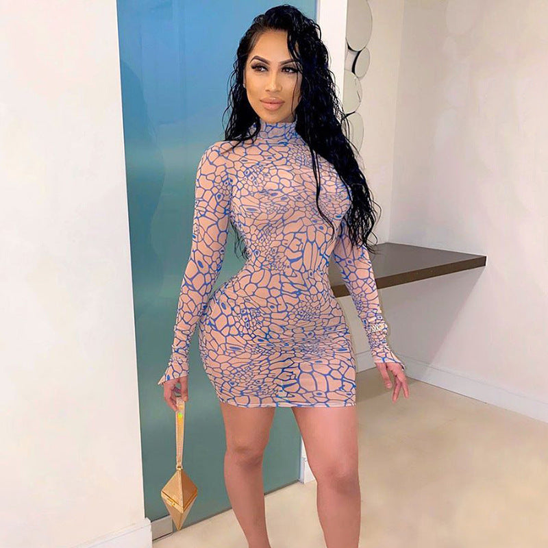 Simenual Digital Print Mesh Bodycon Mini Dress – Sexy Transparent Long Sleeve Finger Buckle Club & Party Dress for Women