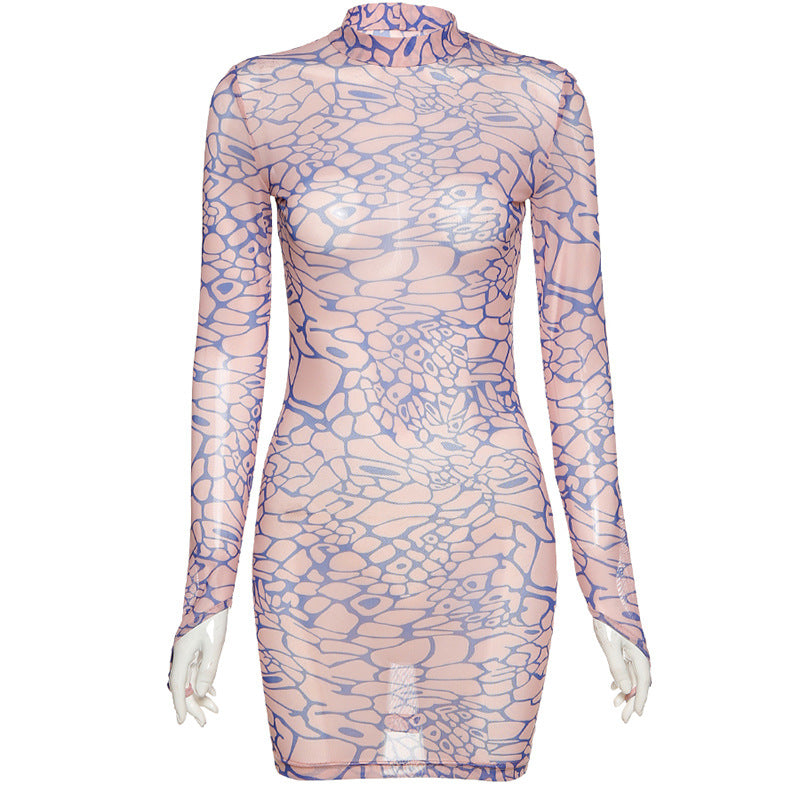 Simenual Digital Print Mesh Bodycon Mini Dress – Sexy Transparent Long Sleeve Finger Buckle Club & Party Dress for Women
