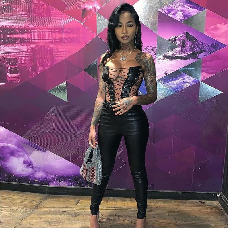 Sexy Hollow Low-Cut Fishbone Faux Leather Tunic Top | Gothic Corset-Style PU Leather Shirt | Clubwear & Night Out Statement Top for Women