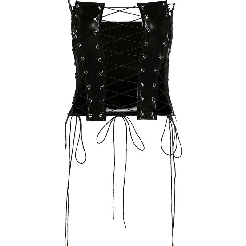 Sexy Hollow Low-Cut Fishbone Faux Leather Tunic Top | Gothic Corset-Style PU Leather Shirt | Clubwear & Night Out Statement Top for Women