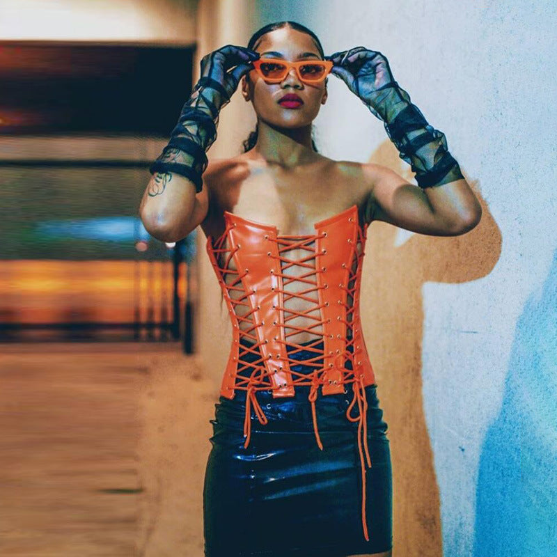 Sexy Hollow Low-Cut Fishbone Faux Leather Tunic Top | Gothic Corset-Style PU Leather Shirt | Clubwear & Night Out Statement Top for Women