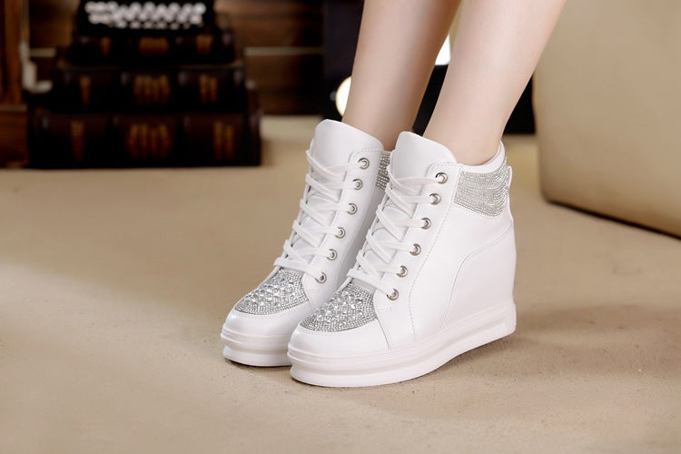 Women's Sneakers Shoes High Top Wedge Platform Heels Rhinestone