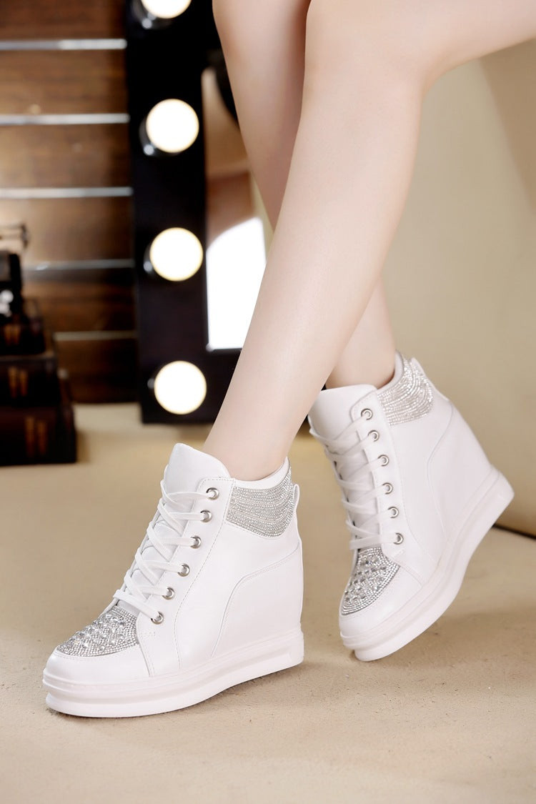 Women's Sneakers Shoes High Top Wedge Platform Heels Rhinestone