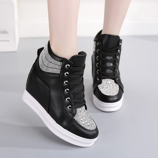 Women's Sneakers Shoes High Top Wedge Platform Heels Rhinestone